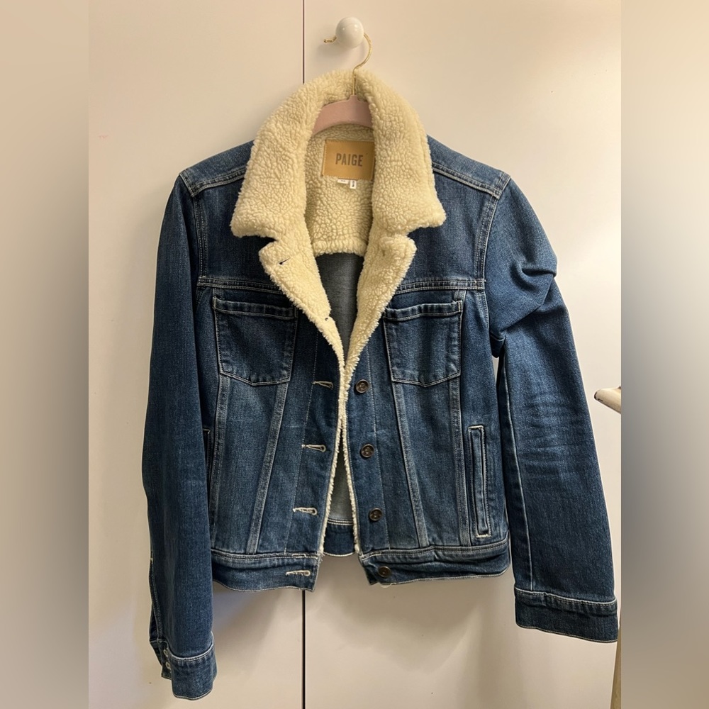 PAIGE Dark Blue Denim Jacket with Cream Sherpa Lining